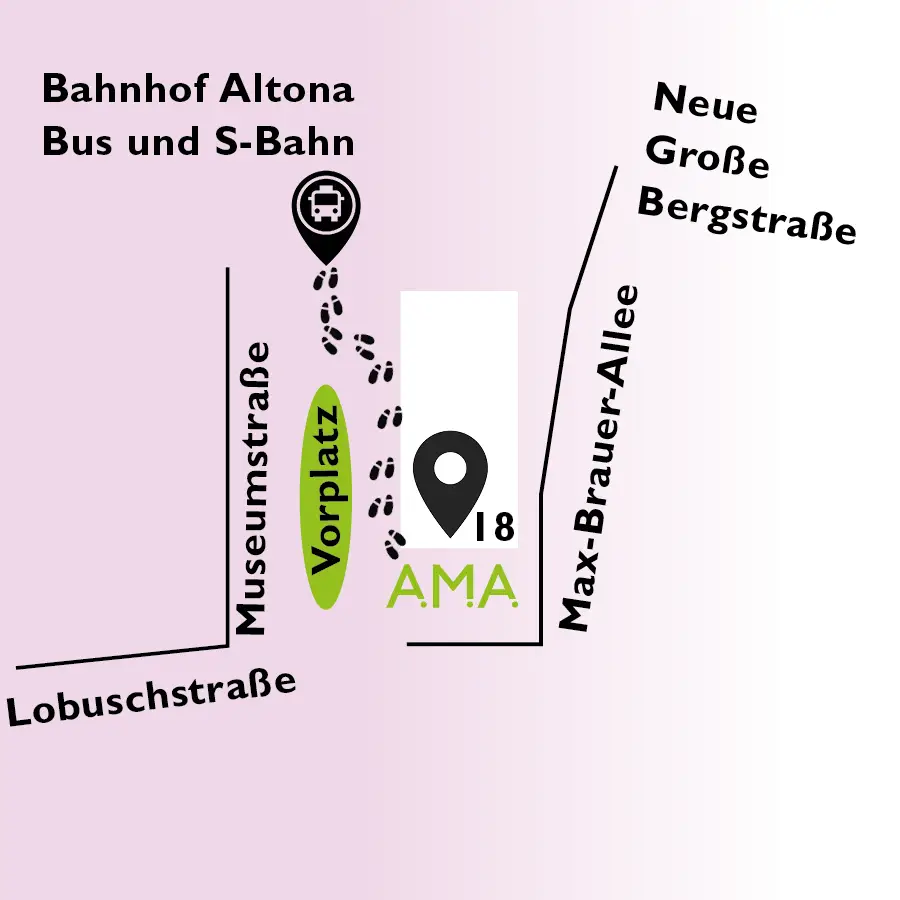 Lagekarte: Der Standort A.M.A., Museumstraße 18, liegt nahe dem Bahnhof Altona zwischen Museumstraße und Max-Brauer-Allee.