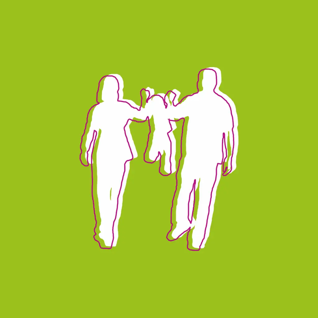 Grafische Darstellung von zwei erwachsenen Personen, die gemeinsam ein Kind an den Händen tragen.