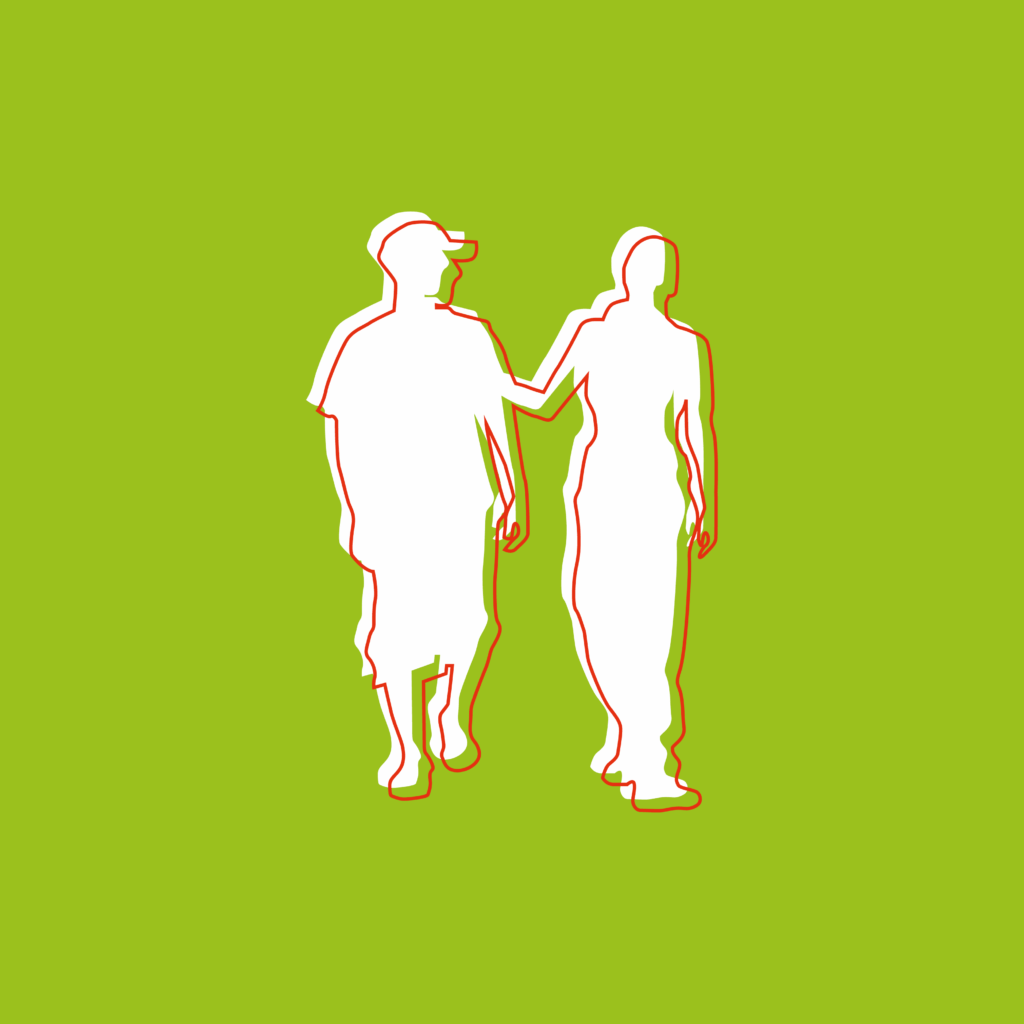 Silhouetten zweier gehender Personen, eine legt die Hand unterstützend auf die Schulter der anderen, vor grünem Hintergrund.
